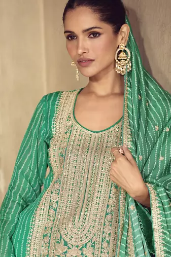 Bottel green chinon silk embroidered designer sharara suit