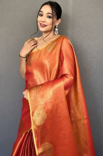 Red Shining Tissue silk blend Saree 