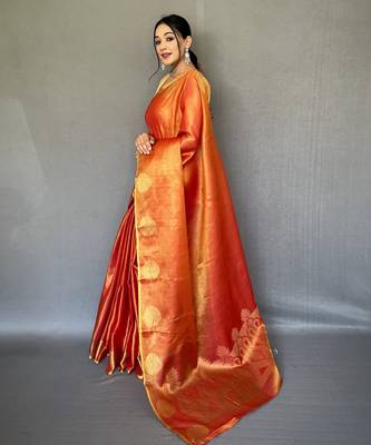 Red Shining Tissue silk blend Saree  2