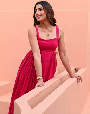 Pink embroidered  Fit Flair Dress Party Wear Dress  2