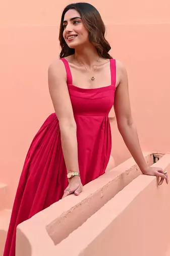Pink embroidered  Fit Flair Dress Party Wear Dress 