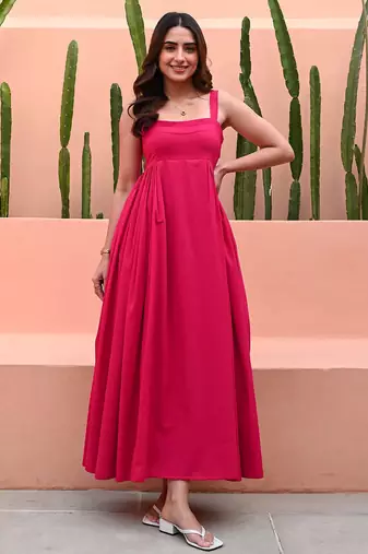 Pink embroidered  Fit Flair Dress Party Wear Dress 