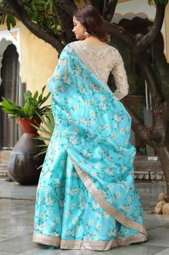 Captivating Sky Blue Floral Print Organza Function Wear Lehenga Choli