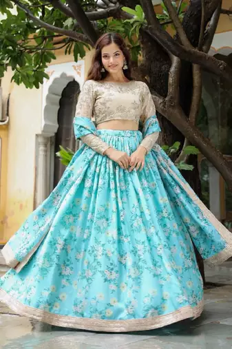 Captivating Sky Blue Floral Print Organza Function Wear Lehenga Choli