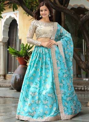 Captivating Sky Blue Floral Print Organza Function Wear Lehenga Choli 7