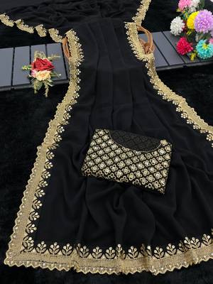 black georgette sequin saree with blouse 3
