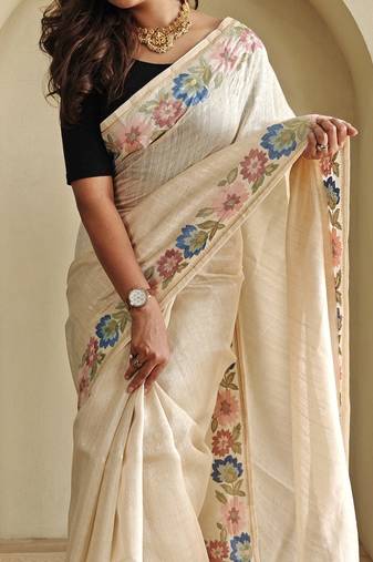 White Tussar silk blend Embroidered Saree