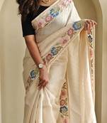 White Tussar silk blend Embroidered Saree
