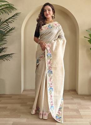 White Tussar silk blend Embroidered Saree 2