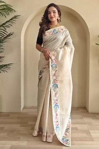 White Tussar silk blend Embroidered Saree