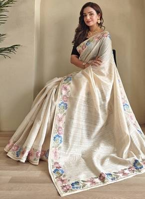 White Tussar silk blend Embroidered Saree 3