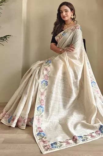 White Tussar silk blend Embroidered Saree