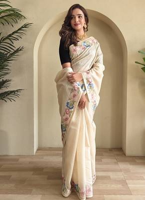 White Tussar silk blend Embroidered Saree 4