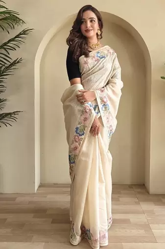 White Tussar silk blend Embroidered Saree