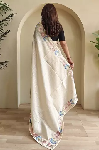 White Tussar silk blend Embroidered Saree