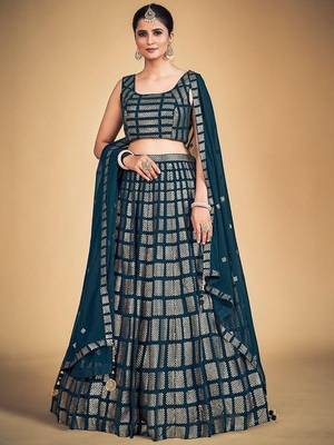 Memorable Teal Blue Embroidered Georgette Wedding Lehenga Choli 6