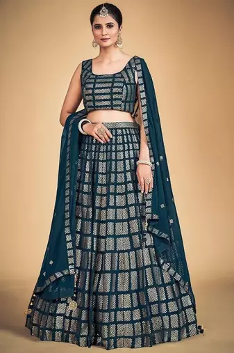 Memorable Teal Blue Embroidered Georgette Wedding Lehenga Choli