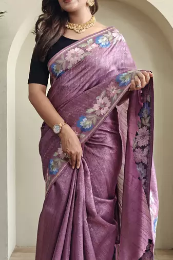 Lavender Tussar silk blend Embroidered Saree