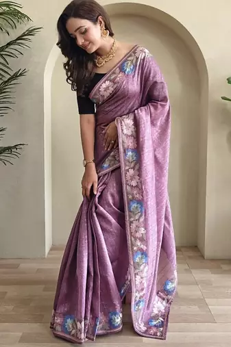 Lavender Tussar silk blend Embroidered Saree