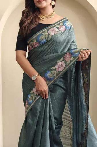 Teal Tussar silk blend Embroidered Saree