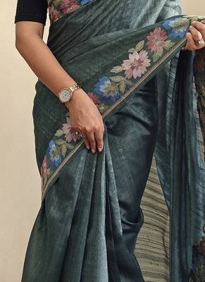 Teal Tussar silk blend Embroidered Saree 1