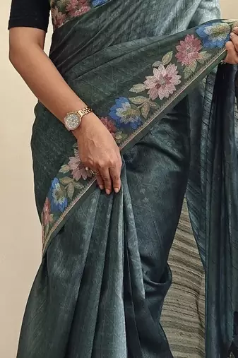 Teal Tussar silk blend Embroidered Saree