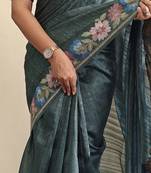 Teal Tussar silk blend Embroidered Saree