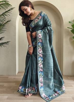 Teal Tussar silk blend Embroidered Saree 2