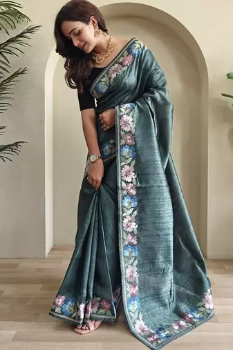 Teal Tussar silk blend Embroidered Saree