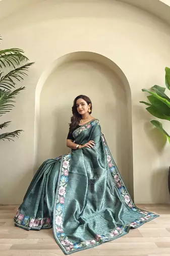 Teal Tussar silk blend Embroidered Saree