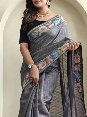 Grey Tussar silk blend Embroidered Saree 1