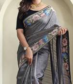 Grey Tussar silk blend Embroidered Saree