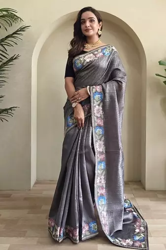 Grey Tussar silk blend Embroidered Saree