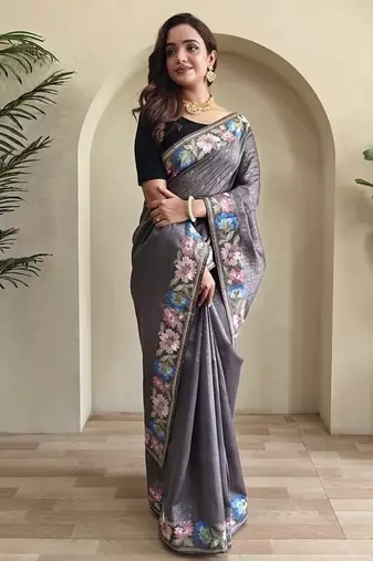 Grey Tussar silk blend Embroidered Saree