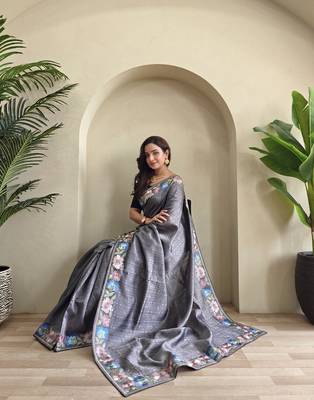 Grey Tussar silk blend Embroidered Saree 4