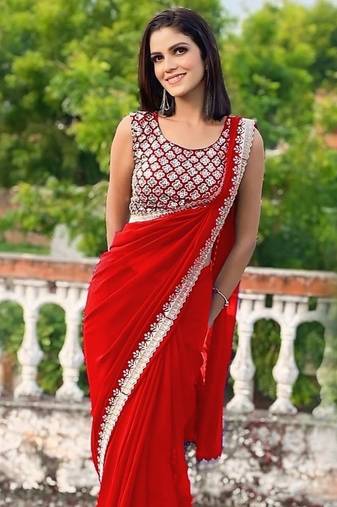 red georgette sequin saree with blouse