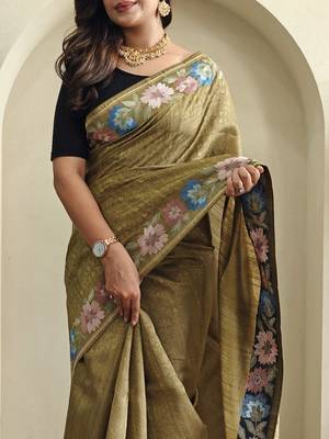 Olive Tussar silk blend Embroidered Saree 1