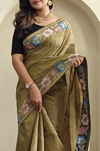 Olive Tussar silk blend Embroidered Saree