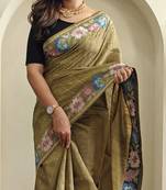 Olive Tussar silk blend Embroidered Saree