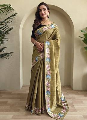 Olive Tussar silk blend Embroidered Saree 2