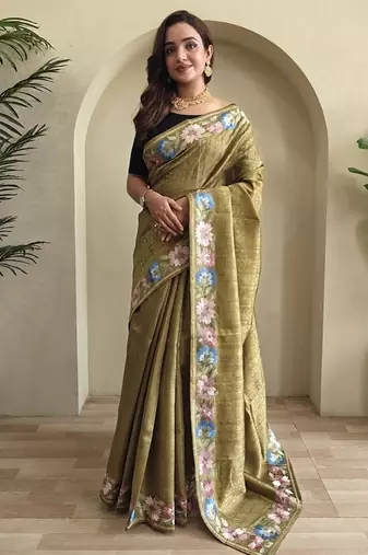 Olive Tussar silk blend Embroidered Saree