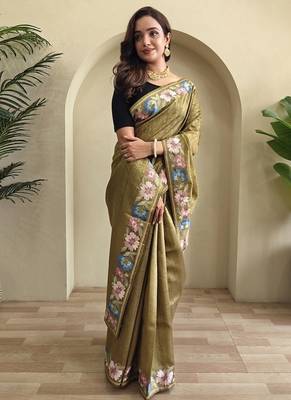 Olive Tussar silk blend Embroidered Saree 3
