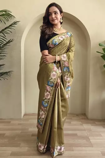 Olive Tussar silk blend Embroidered Saree