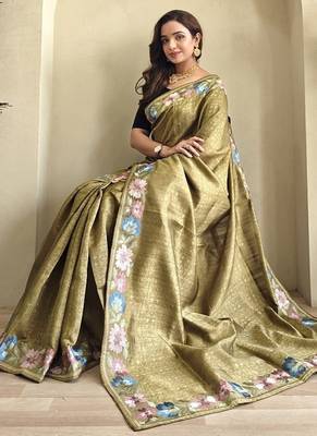 Olive Tussar silk blend Embroidered Saree 4