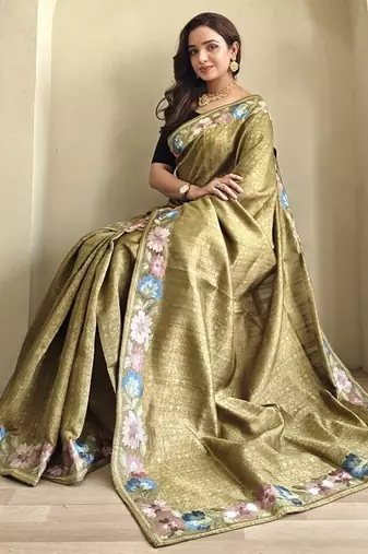 Olive Tussar silk blend Embroidered Saree