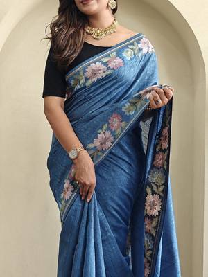 Blue Tussar silk blend Embroidered Saree 1