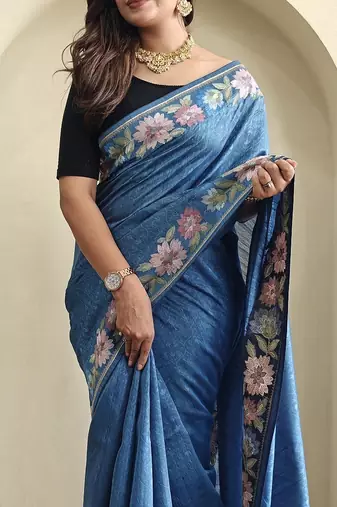Blue Tussar silk blend Embroidered Saree