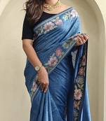 Blue Tussar silk blend Embroidered Saree