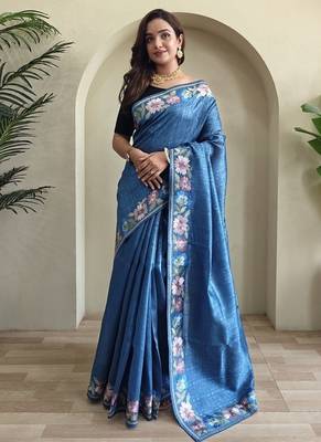 Blue Tussar silk blend Embroidered Saree 2