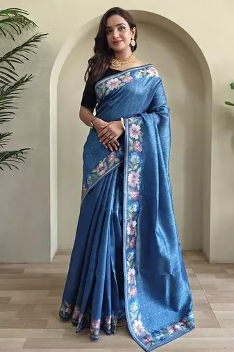 Blue Tussar silk blend Embroidered Saree